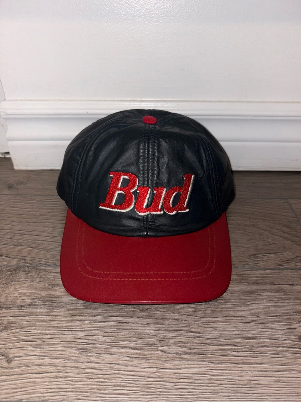 Bud Budweiser Faux Leather Snapback Hat in Black and Red